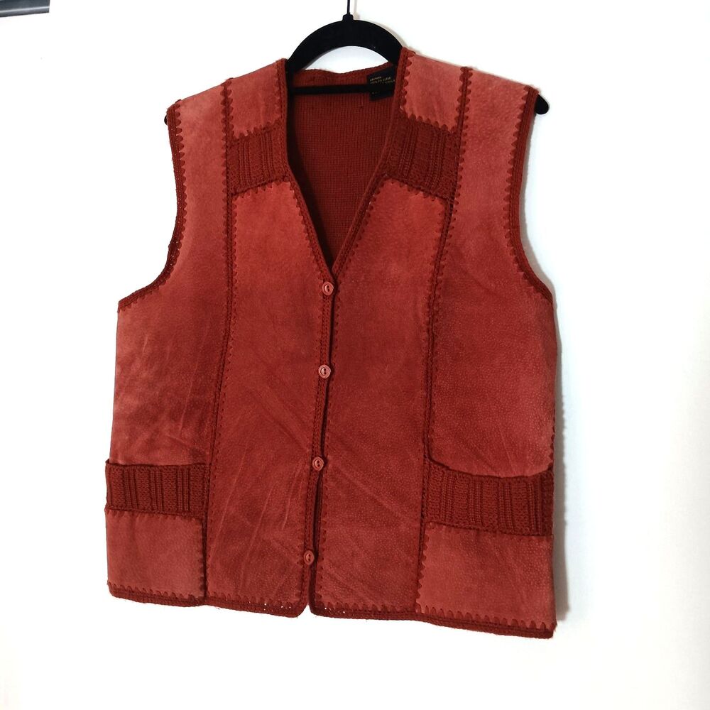 Vtg 70's Vest Designer Studio Women M Open Knit Crochet 100% PIG Suede Boho